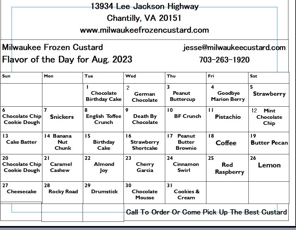 Flavor Calendar Milwaukee Frozen Custard